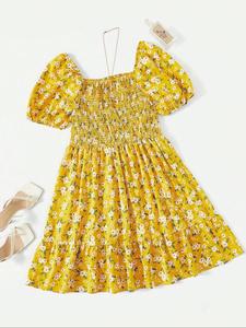 women's plus size plain / ditsy floral print shirred a line dress, boho ruffle hem square neck dress for beach vacation holiday, women's clothes for summer, vintage womenswear