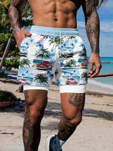 Men's Quick-Dry Beach Shorts, Vintage Car Pineapple Tree Print, Fitted Drawstring Waist, Casual Summer Vacation Wear