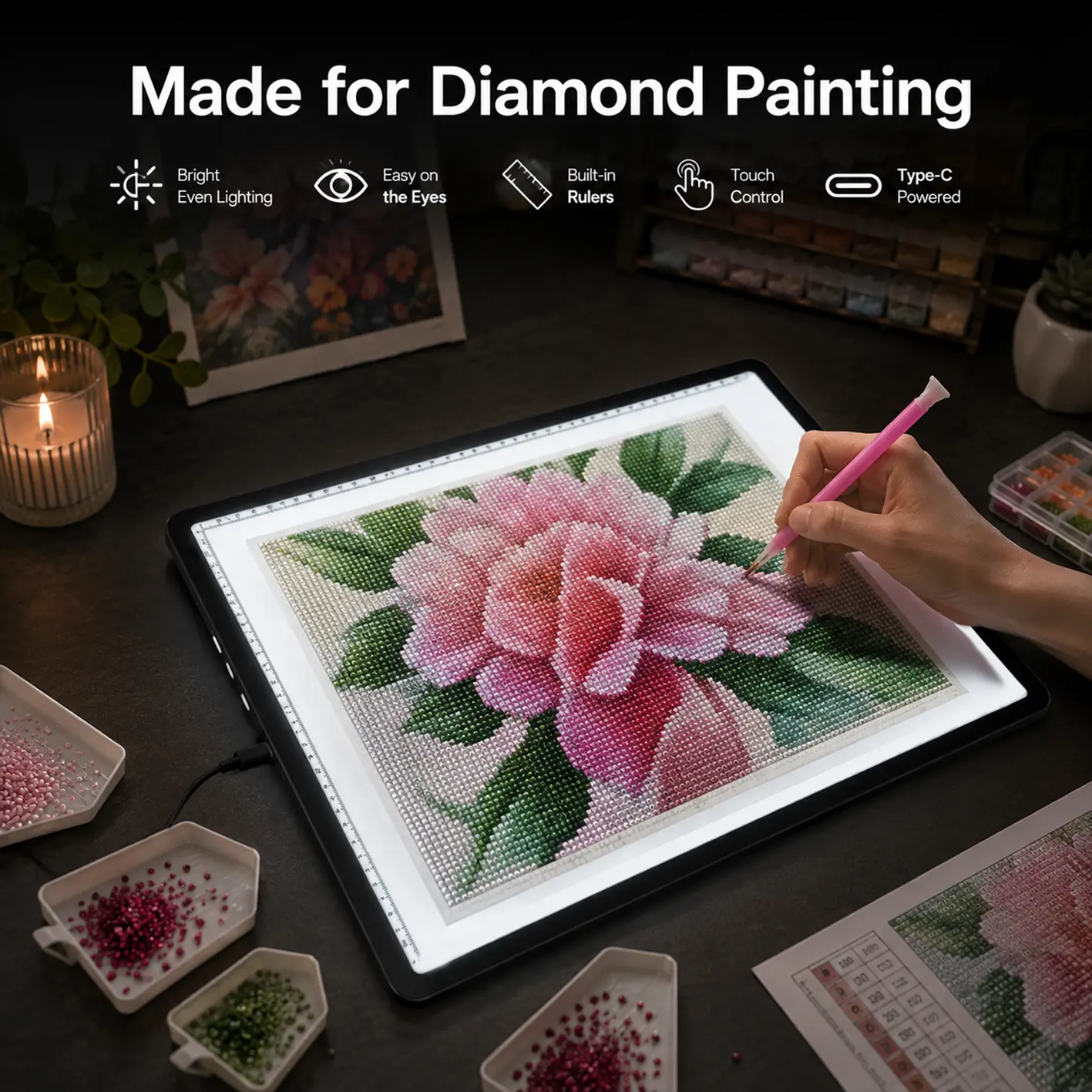 LED tracing light pad, tracing light board, diamond painting light pad, drawing light box, artist light pad, sketching board, tracing board, 3 color light pad, 6 level brightness, Type-C light board, design light pad, calligraphy light pad
