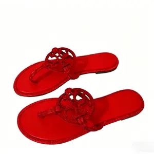 Women's Red Rhinestone Flat Thong Sandals, Hollow Out Decor Slip On Slide Casual Comfortable Summer Beach Dressy Sandals for Daily Wear Vacation Party