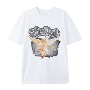 Grunge Smoke Fog Background Emotion Cursive Font Shooting Cupid Cherub Print T-Shirt, Classic Renaissance Angel Retro Street Style Cotton Tee, Breathable Unisex Short Sleeve Shirt For Trendy Aesthetic Hobby Gift