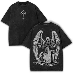 Archangel Michael Washed Shirt: Gothic Christian Streetwear - Divine Warrior Kneeling Graphic