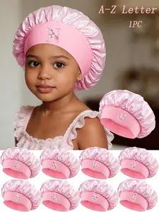 Spring Summer Floral Letter Girls Silk Sleep Cap, Home Sleeping Bath Shower Cap Hair Care Hat, Anti-Frizz Children Silk Hair Protection Cap