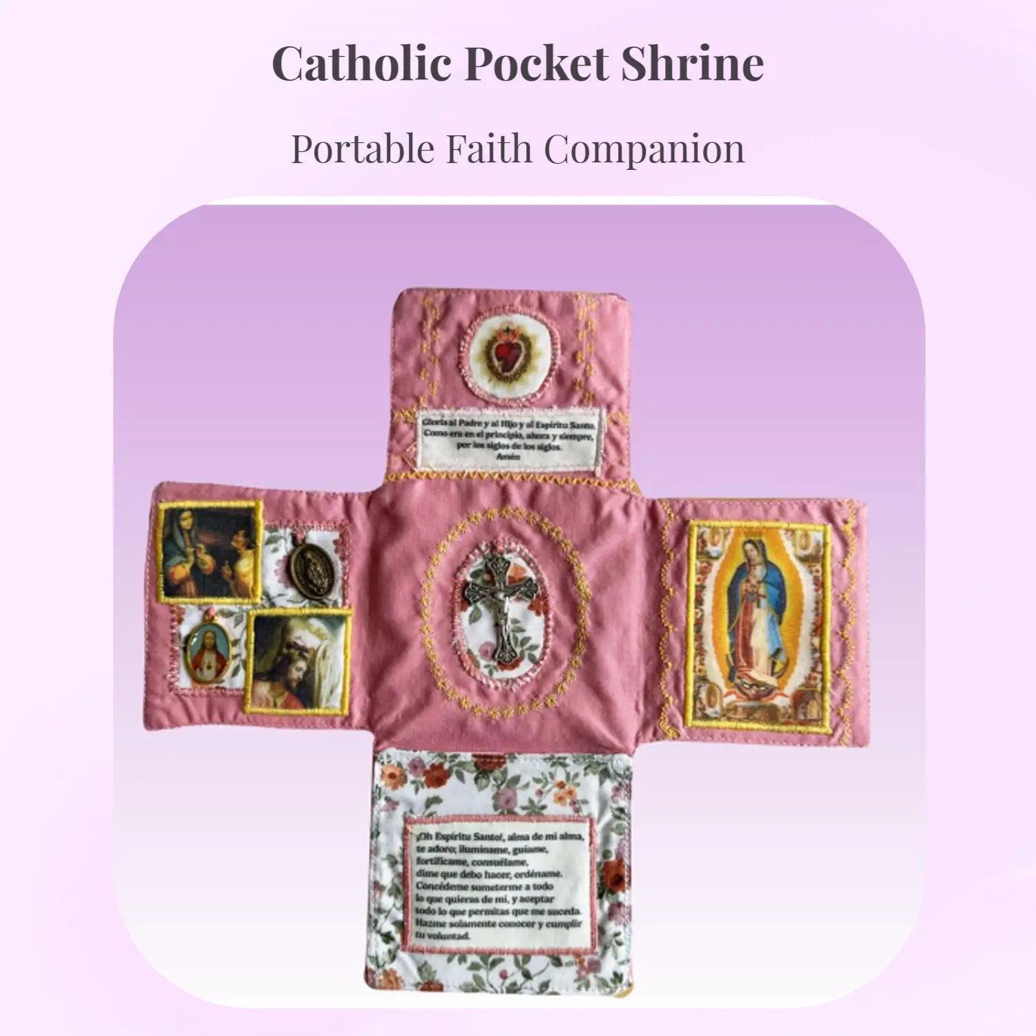 Handmade Catholic Pocket Shrine Home Decor - Silver Cross, Sacred Artwork, Portable Religious Faith Altar, Devotional Jewel, Art & Spirituality Blend, Hand-Sewn for Daily Devotion, Handmade Gift