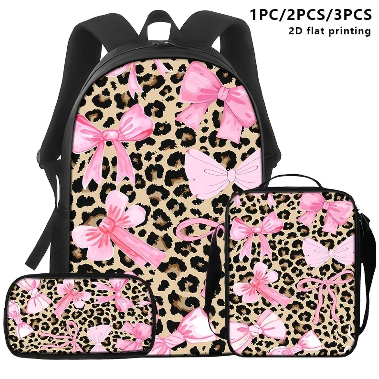 Leopard Backpack Set with Pink Bows, Matching Lunch Bag & Pouch, Cute Stylish School Bag