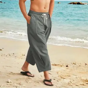 COOFANDY Men's Cotton Linen Harem Pants Drawstring Casual Cropped Trousers Lightweight Loose Beach Yoga Pants with Pockets Live