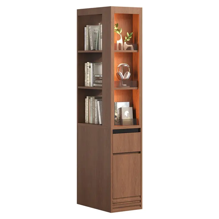 SIKAIC 12 Inch Narrow Bookshelf with LED Lights, Walnut Display Bookcase with Open Shelves and Closed Storage for Small Spaces