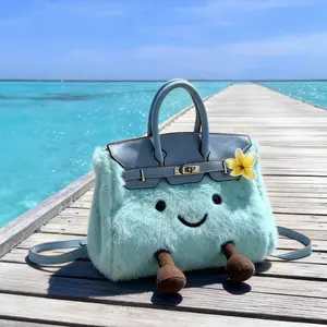 New Plush Bag Fur Material with Happy Face Features Pink Leather Trim Soft and Stylish Fashion Elegant Handbag Lightweight Puffy Handbag for Women