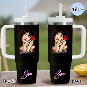 PIKPAKA Selena Singer Music Vacuum Flasks 40oz Stainless Steel Insulated Travel Drinkware Tumbler with Handle & Straw, Leakproof Travel Mug, 12H Cold Retention, Christmas & Holiday Gift Idea for Friends, Family & Coworkers