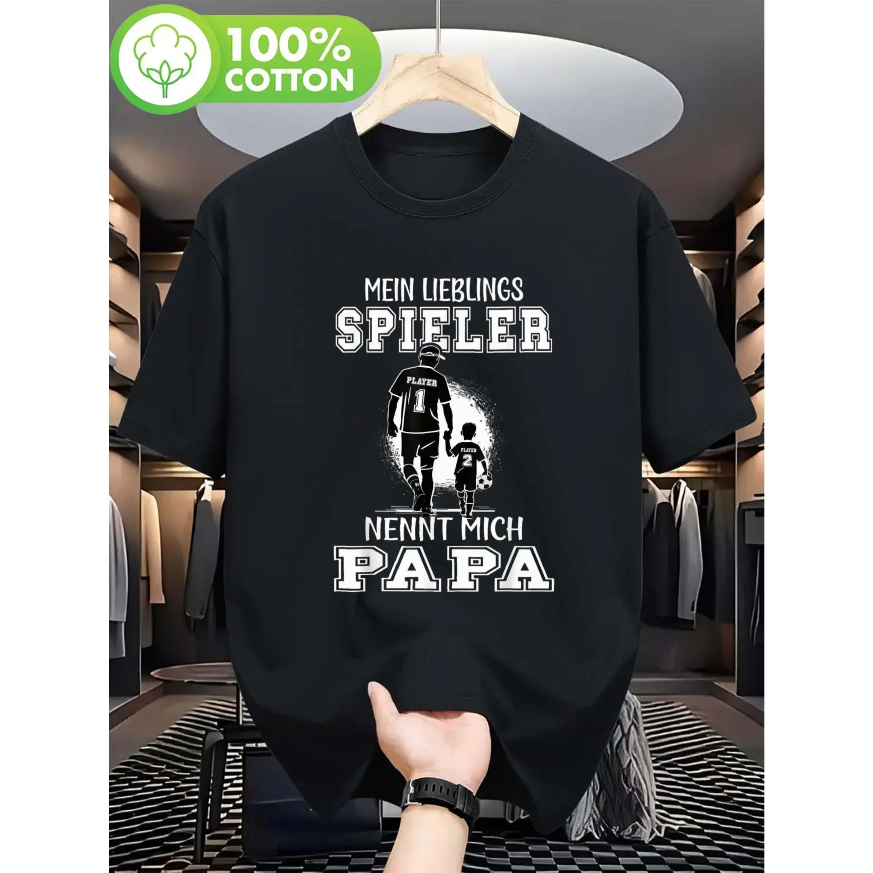 Menswear Natural  Short-Sleeve Round Neck Humorous Soccer Father T-Shirt - Black Regular Fit German Language Fan Gear - Father's Day Gift for Dads (My Best Player Calls Me Dad) - Light Summer Casual Match Wear, Machine-Washable