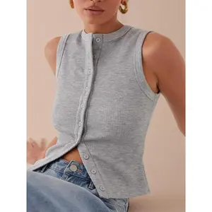 Women's solid color button front ribbed vest, women's vest, casual slim fit sleeveless round neck top, autumn women's clothing vest, autumn clothing, clothing, birthday gifts