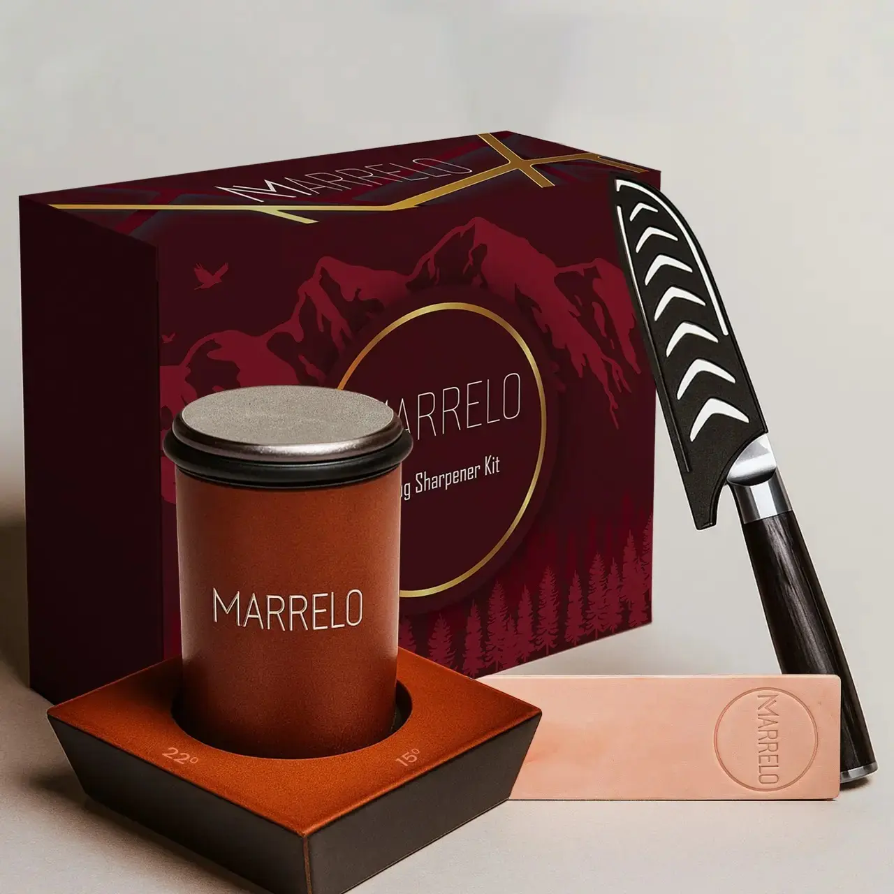 Rolling Knife Sharpener Kit (6-Piece) with Kitchen Knife - Magnetic Roller Sharpener with 4 Angle Base, 2 extra Diamond Discs and Dual Sided Leather Strop for Razor Sharp Knives