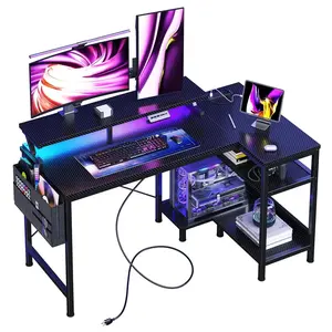 L-Shaped Gaming Desk with RGB LED Lighting & Charging Station (USB, Type-C & Power Outlets), White Computer Gaming Table with Elevated Monitor Shelf, Side Storage Shelves & Built-in Organizer Pocket, Sturdy Steel Frame & Carbon Fiber Textured Tabletop