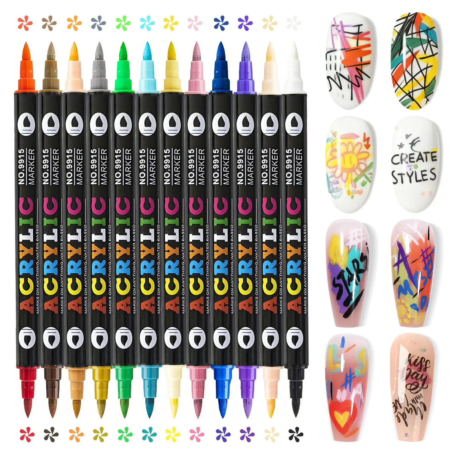Dual-Tip 24-Color Nail Art Doodle Pens 12 Pk Durable Smooth-Flow Acrylic Markers for Pro Salon DIY Home Use Long Lasting Water Based Versatile Application High Pigment