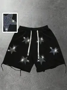 Y2K Rhinestone Starry Men's Shorts | High Street Baggy Drawstring Shorts with Sparkly Diamond Embellishment | Trendy Distressed Hem Tie Detail Casual Shorts for Summer Streetwear & Night Out Fits