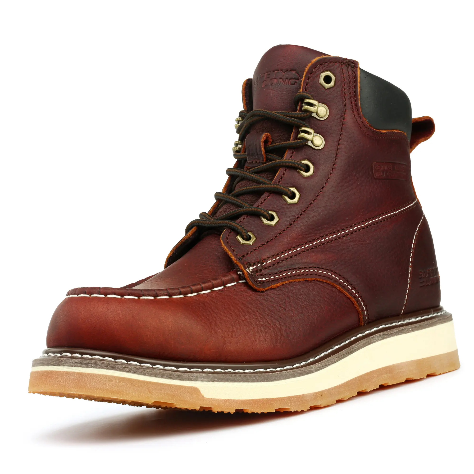 SAFETY LOONG Men's 6" Full Grain Leather Moc Soft Toe Closed Workboots, Water-Repellent, Non-Slip Rubber Wedge Outsole, Lightweight Walking Shoes for Work