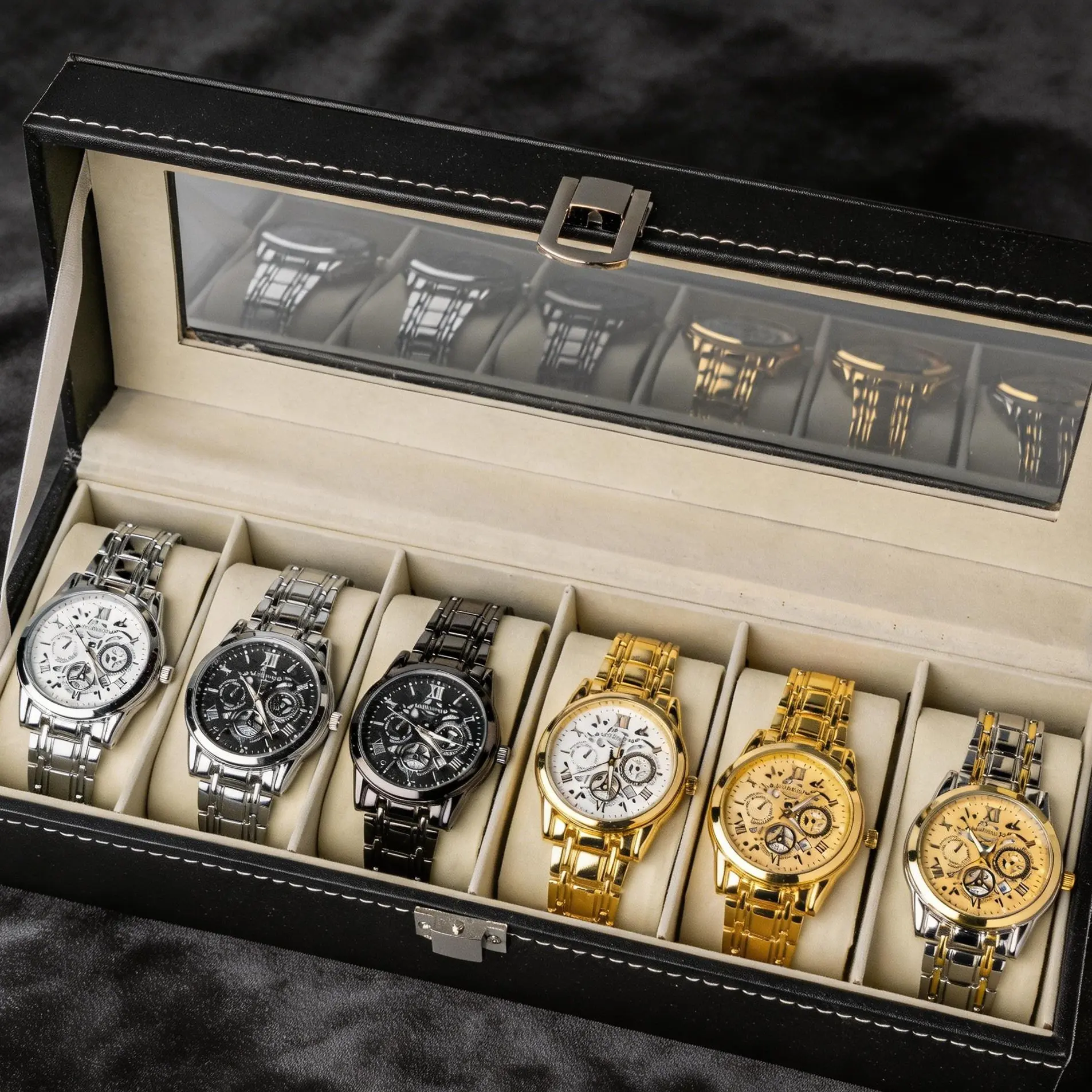 Business Round Analog  Set,   Set with Box, Fashionable  Wristwatch Set As Gifts,  boxed  The design is simple and elegant, without too many complex decorations luminous mirror watch Men's Angular Minimalist Business Watch quartz