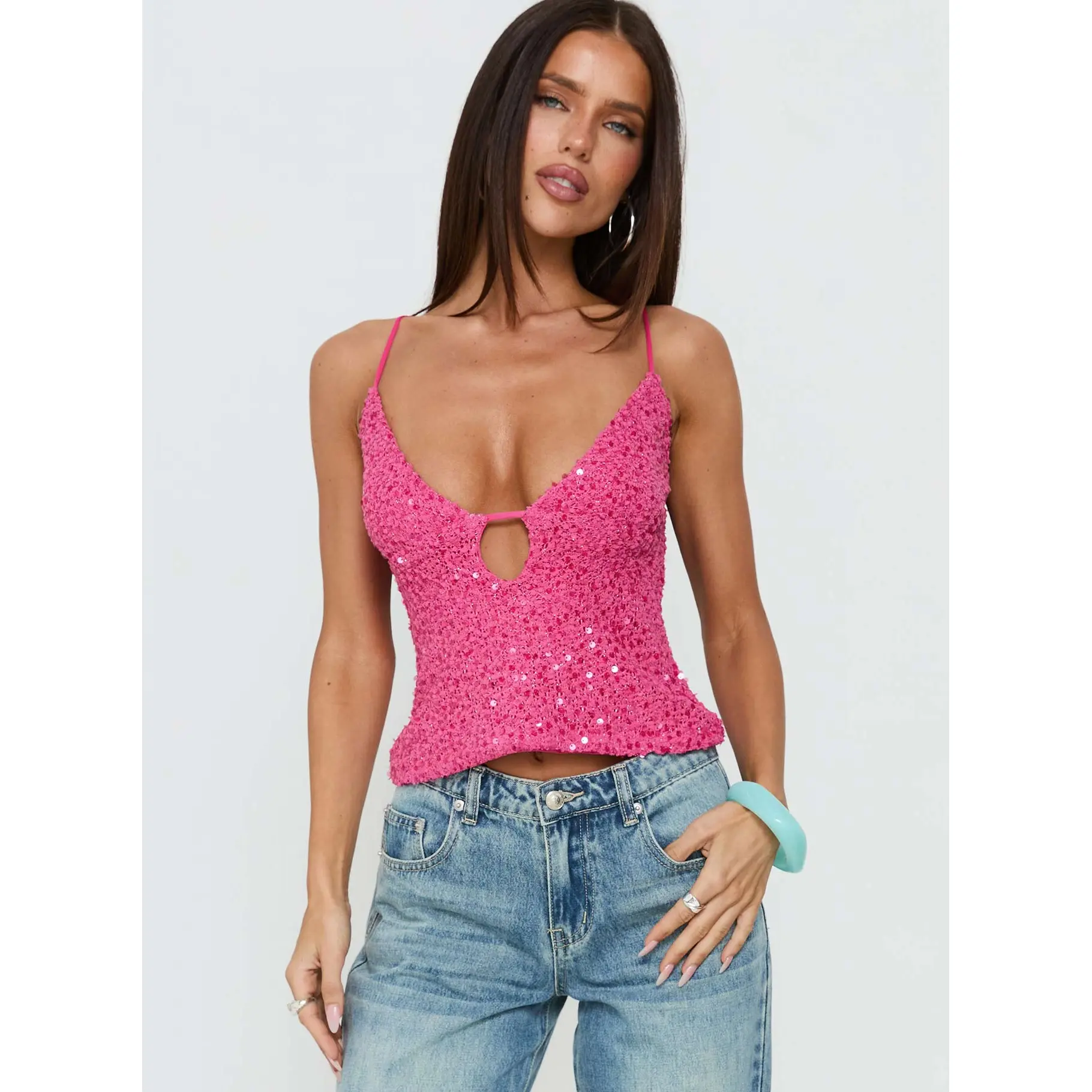 Feel The Vibrations Sequin Top Hot Pink
