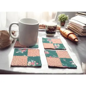 Handmade Quilted Coasters – Set of 4 – Dark Teal With Pink Cottage Roses & Floral Tan Print – Small Cotton Drink Coasters