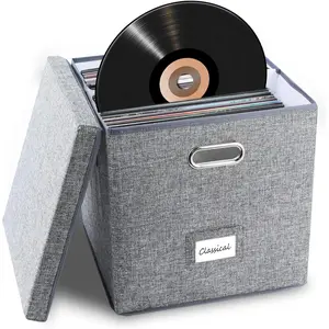 Sturdy Vinyl Record Storage Box - Album Storage Holds up 50+ Single Record, LP Storage Organizer Crate With Lid, Decorative Moving Box For Records, Solutions to Protect Your Precious Collection Grey