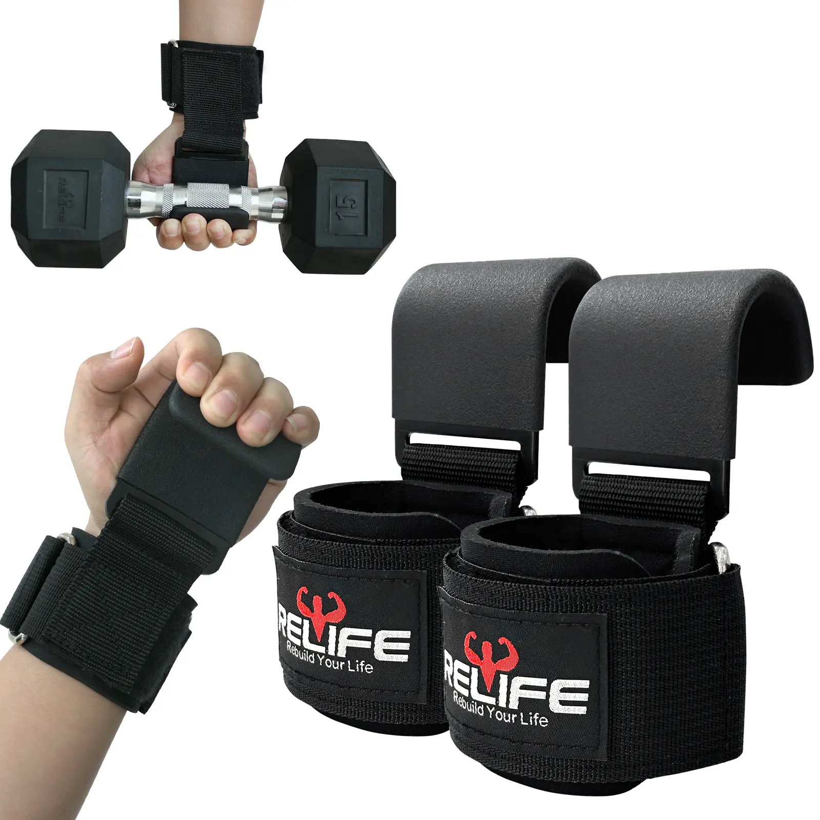 RELIFE REBUILD YOUR LIFE Weight Lifting Hooks (Pair) - Adjustable Lifting Straps with Anti-Slip Grip for Weightlifting, Bodybuilding, Deadlifts - Gym Accessories for Men and Women