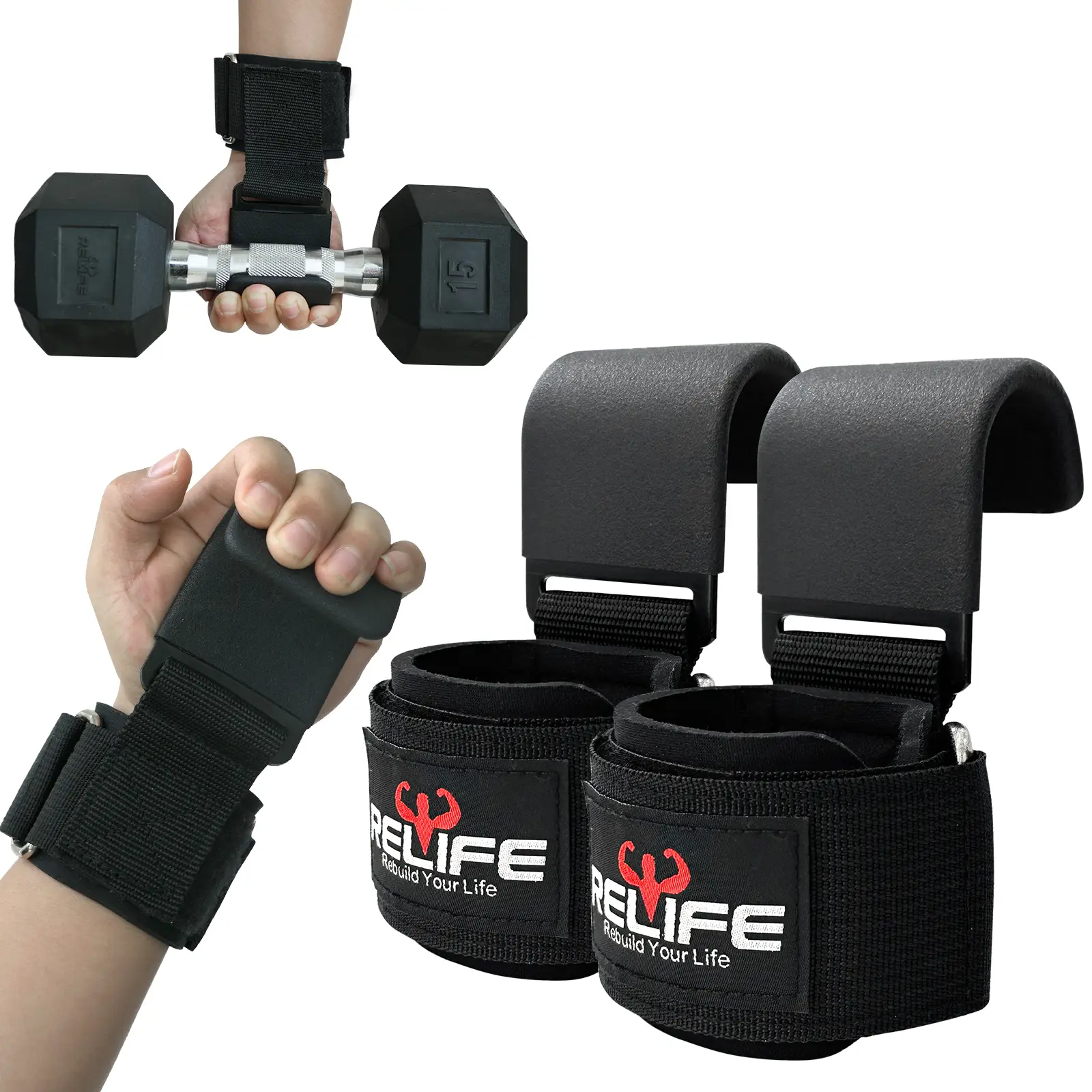 Relifesports Weight Lifting Hooks (Pair) Lifting Wrist Straps for Bodybuilding, Powerlifting,Strength Training, Deadlifts, Pull Ups, Shrugs - Gym Glov