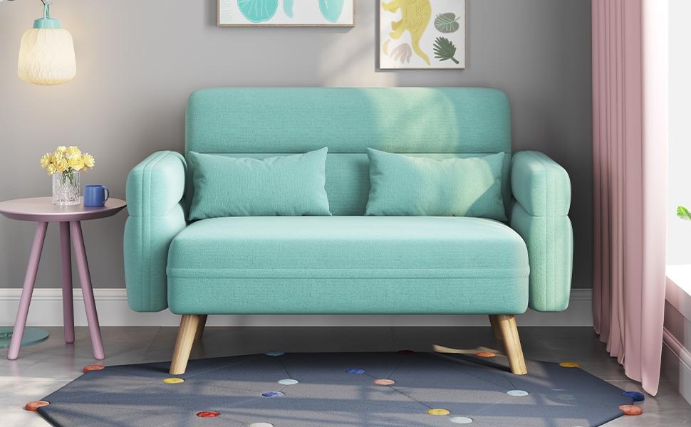 Yaheetech 46.5" W Small Fabric Loveseat Sofa with Lumbar Pillows, Solid Wood Legs, Mid Century Modern 2 Seater Sofa Couch for Dorm, Office, Bedroom