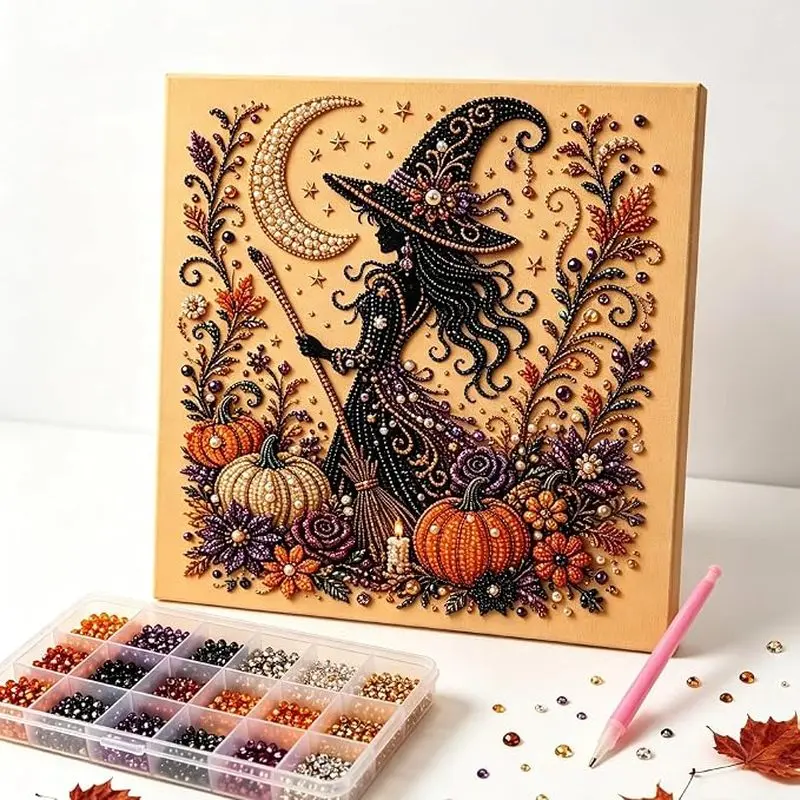 Halloween Diamond Painting Kit, DIY Pearl Bead Art Canvas with Tools, Beginner-Friendly Craft Kit for Adults and Teens, Pumpkin Ghost Witch Cat Seasonal Wall Decor and Halloween Gift