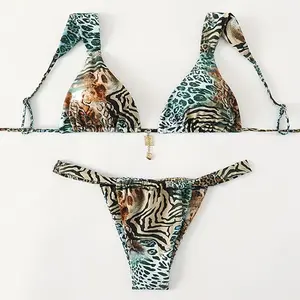 Women's Leopard Print Tie Back Bikini Set, Halter Neck Swim Top & Thong Swim Bottom,  Swimsuit for Women, Bathing Suits, Bikini Top Trunks Combo