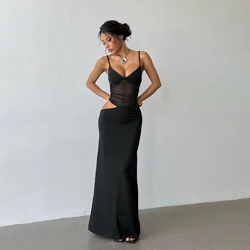 Sexy Solid Bodycon Maxi Dress for Women, Casual Polyester Dress with Spaghetti Straps, Mesh Panels and Waist Cutout, Minimalist, Basic, Casual Wear, Bodycon Dress