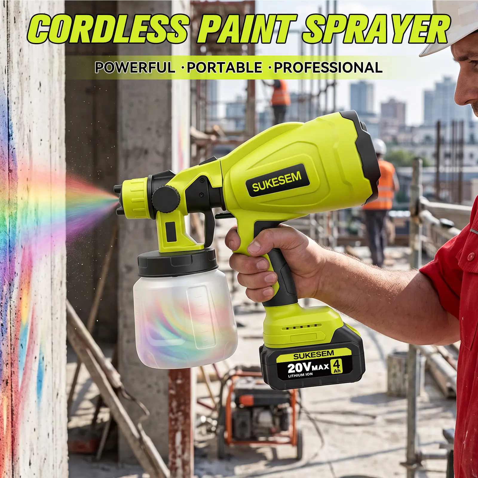 SUKESEM Cordless Paint Sprayer, 20V Electric Spray Gun with 1000ml Large Capacity, Adjustable Flow Control, 4 Nozzles & 3 Spray Patterns, Easy-to-Clean Paint Sprayer for Furniture, Fence, Wall, Door & DIY Projects
