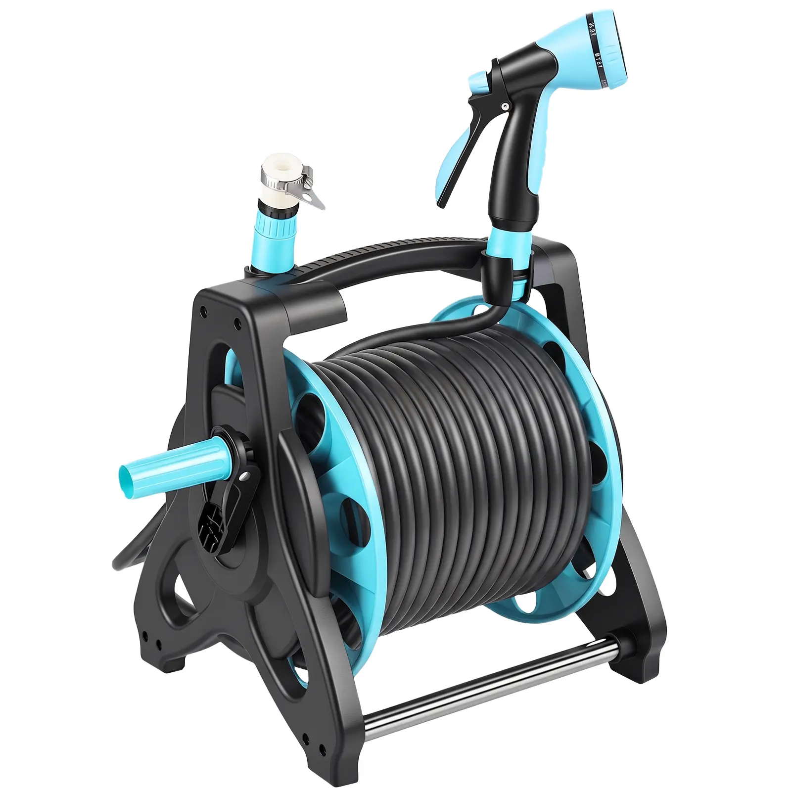 100FT Wall-Mounted Garden Hose Reel Kit, Heavy-Duty PVC Anti-Kink Weather-Resistant Pipe with 10-Pattern Spray Nozzle for Car Wash, Gardening (Home Improvement Watering Equipment)