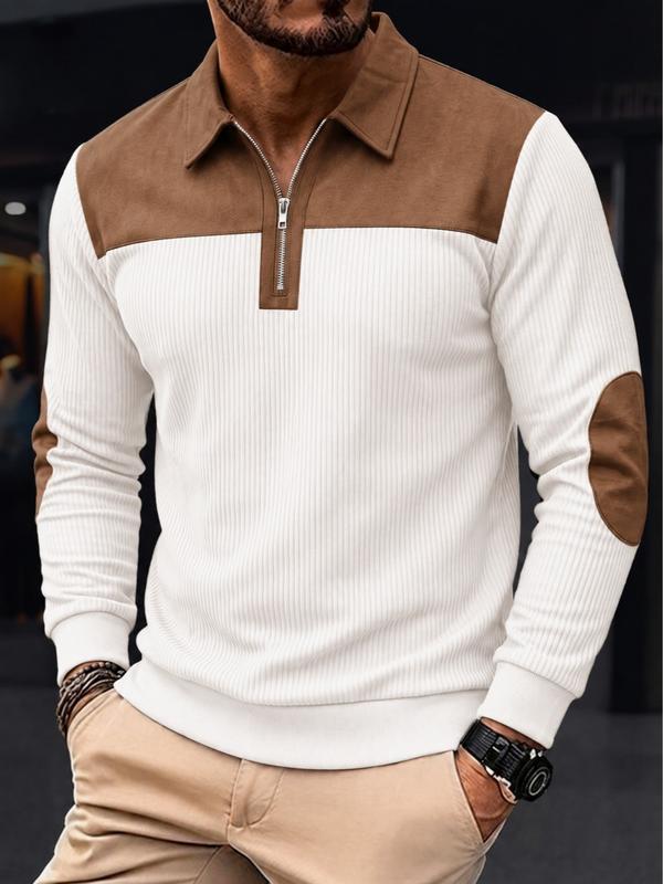 Men's Long Sleeve Polo Shirt Quarter Zip Standing Collar Color Block Casual Top, Streetwear Daily Sports Outdoor Shirt, Halloween Gift