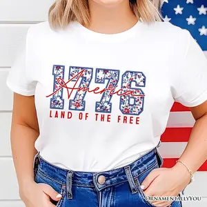 Retro America 1776 Floral T-Shirt, Land of the Free Patriotic Tee.