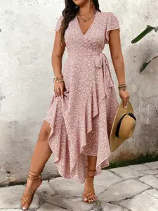 Fashion Feminine Floral Wrap Midi Dress with Ruffled Flutter Sleeves, Curve Plus Size Casual Summer Dresses Y2K Clothes Vacation Outfits Trendy Street Style Daily Date Wear Elegant Evening Party Wear