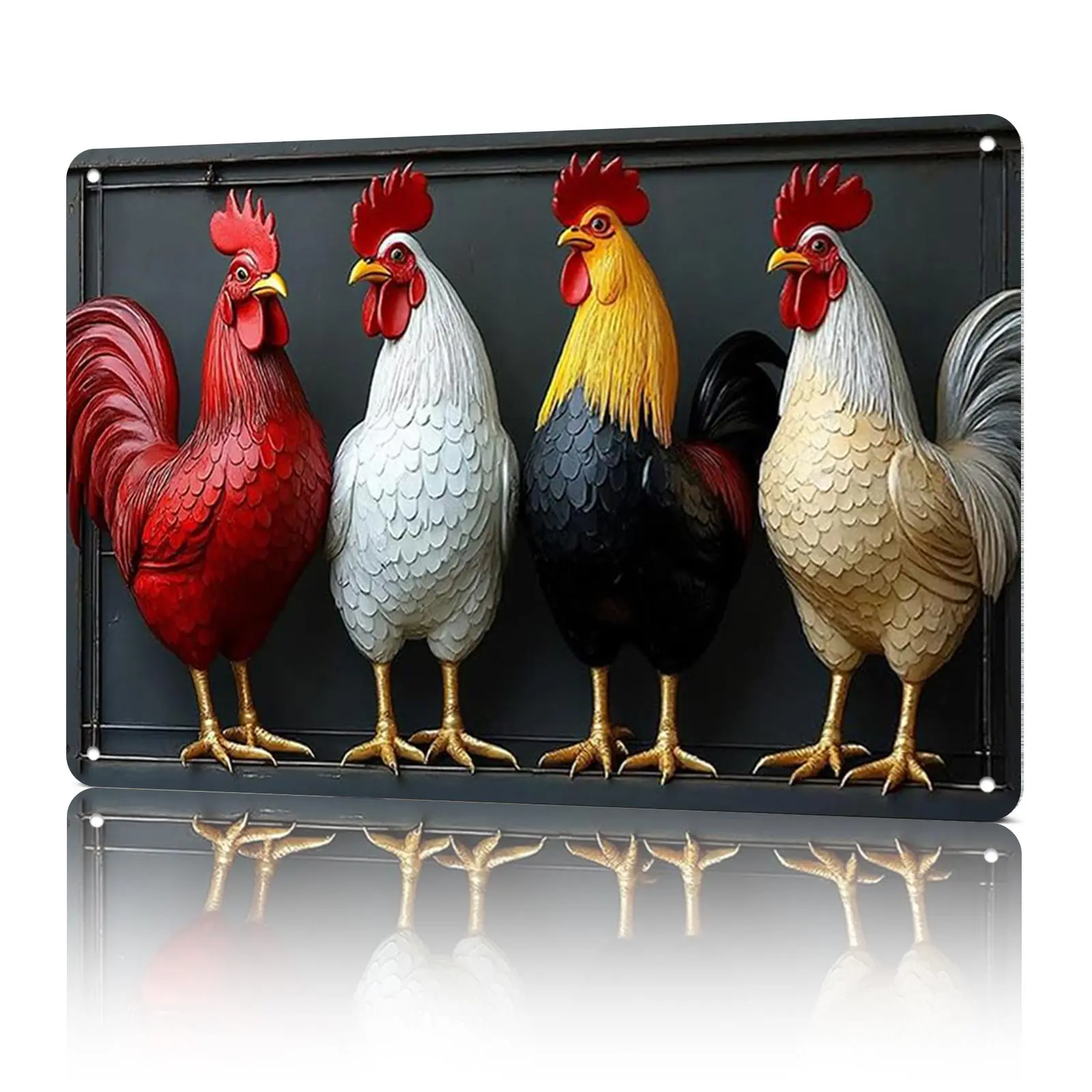 Four Rooster Metal Tin Sign 8x12 Rustic Farmhouse Decor Durable High-Quality Print Vibrant Colors Pre-Drilled Holes Easy Hanging Rectangle Design Foil Lettering Design