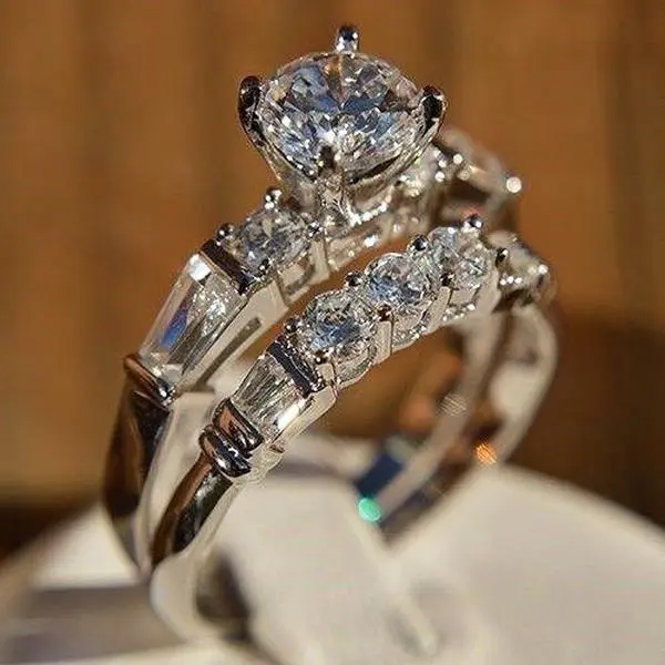 2Pcs Stackable Ring Set, 5A Grade Round Cut White Cubic Zirconia , Elegant Bridal Engagement & Wedding Band, Perfect for Everyday Wear & Anniversary Gift for Wife