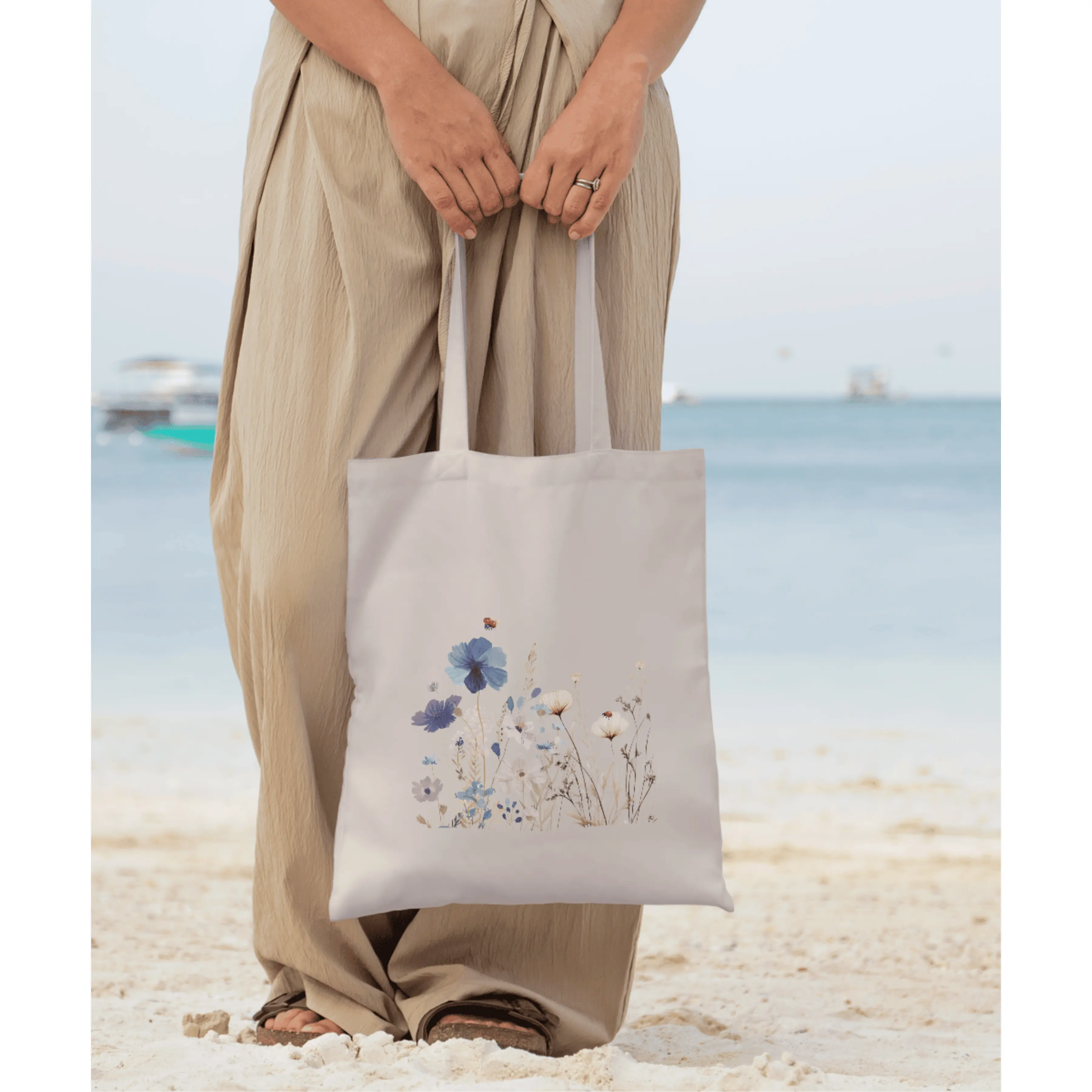 Floral Ladybug Cotton Tote Bag, Everyday Boho Vibrant Colors, Eco-Friendly Reusable Shopping Bag, Floral Market Tote, Cute Garden Tote, Gift