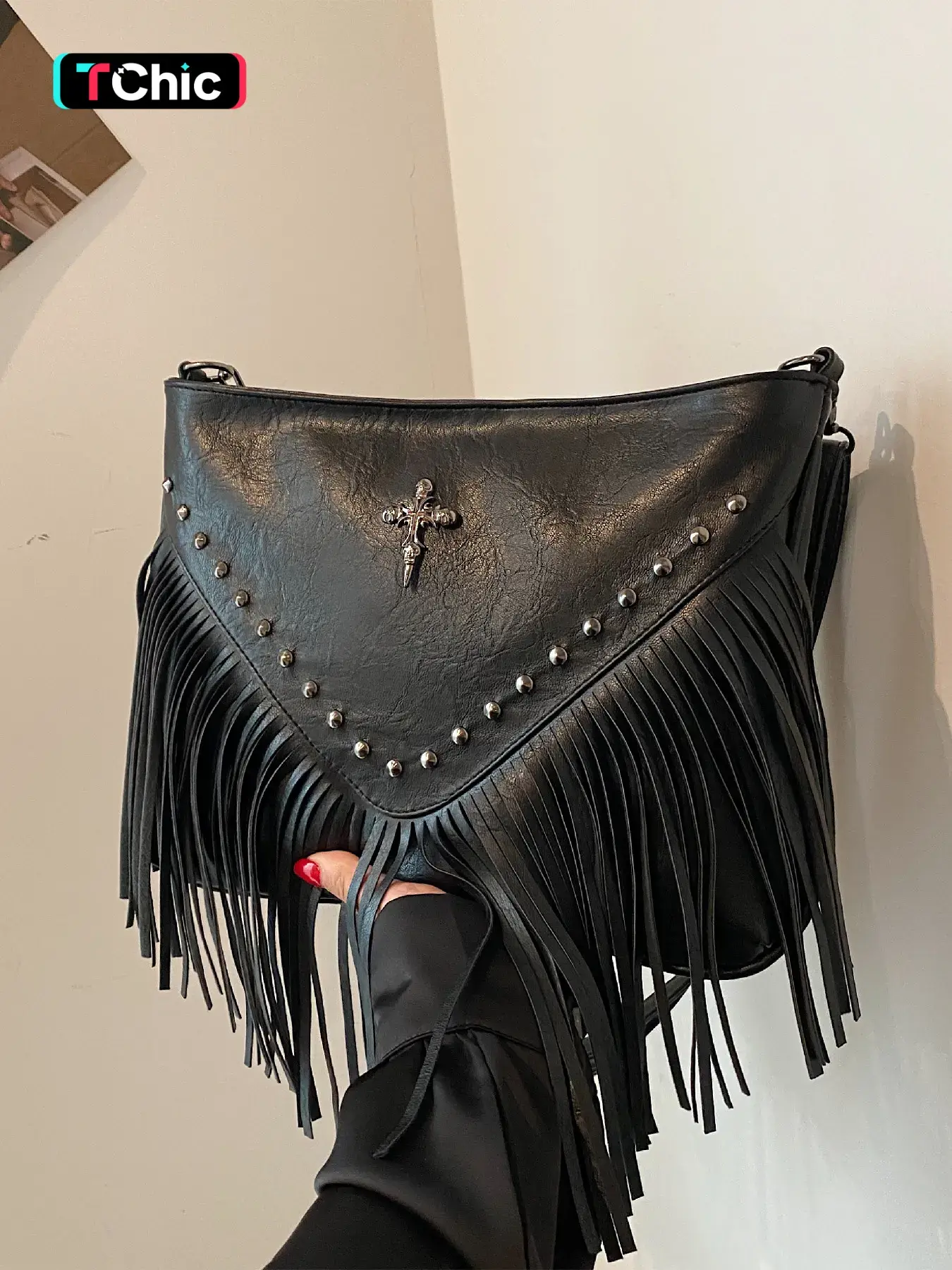 Women's Fashionable Tassel Design Cross Accent Crossbody Bag, Casual Solid Color PU Leather Zipper Shoulder Bag with Adjustable Strap for Daily Use, Trendy All-match Bag