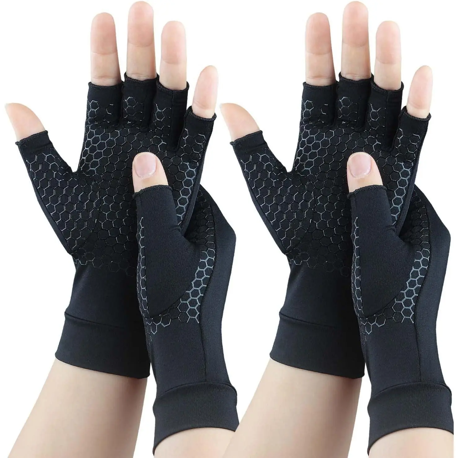 2 Pairs Copper Arthritis Compression Gloves for Carpal Tunnel Pain Relief, Alleviate Hand Pain Swelling, Fingerless Typing Gloves for Rheumatoid Tendonitis Women Men (Large)