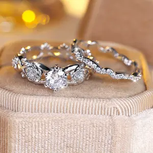 2pcs rose wave hollow ring set super flash zircon two-piece wedding ring banquet party gift ring