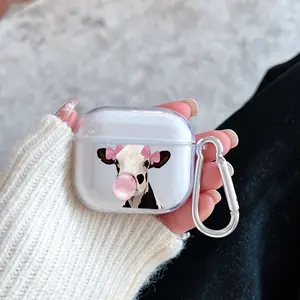 Cow with Bow and Bubble Pattern Protective Case for AirPods 4/3/2/1/Pro/Pro2 Soft TPU Earphone Cover, Transparent with Keychain