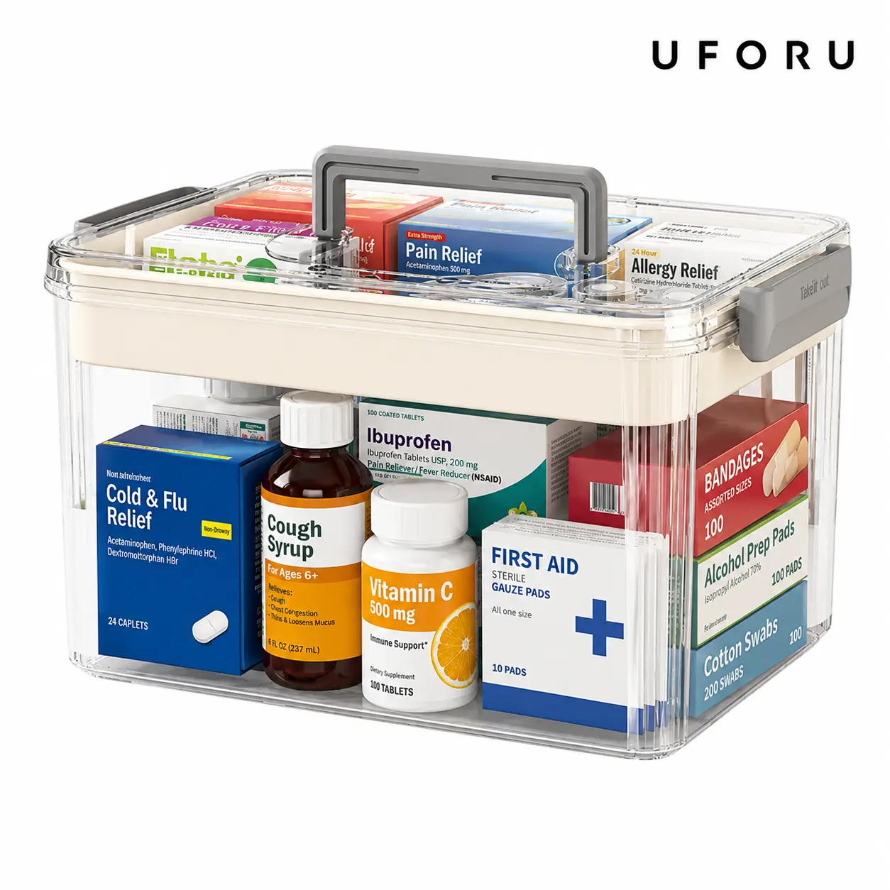 UFORU Double-Layer Transparent PET Medicine Storage Box with Handle, Sealed Moisture-Proof First Aid Kit for Home, Large-Capacity Medication Organizer Box, Household Storage Box, Suitable for Home/School/Travel#SummerWins#DFYD