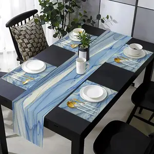 1 piece/5 piece set/7 piece table flag+placemat set, used for wedding decoration, featuring abstract blue water droplet marble pattern design, suitable for kitchen, dining table, living room, and wedding indoor and outdoor households
