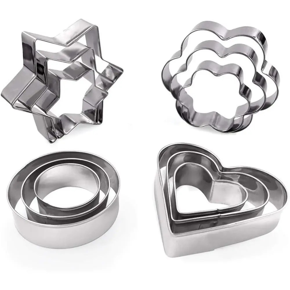 12PCS Sturdy Metallic Rust-Resistant Stainless Steel Cookie Cutters Bakeware Set - Smooth Flower, Round, Heart, Star Shapes Biscuit Molds, Kitchen Baking Utensils for Cooking Enthusiasts, Halloween