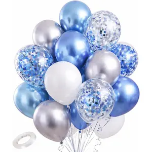 Chrome Blue & Silver Balloon Set, 60 Pack 12 Inch– Chrome Blue, Silver, White and Confetti Balloons for Birthday, Shower, Wedding & Party Decorations