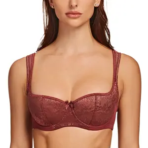 MELENECA Women's Balconette Bra with Padded Strap Half Cup Underwire Sexy Lace