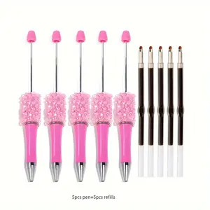 5pcs Decorative Beaded Ballpoint Pens, Aesthetic Pens, Medium Point, Plastic Twist Pens, Assorted Colors, Handmade, Suitable for Age 14+, Smooth Writing