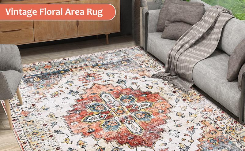 【GARVEE】Boho Vintage Washable Rug - Soft Non-Slip Polyester - 4x6 to 9x12 Sizes - Ideal for Bedroom, Laundry Room, or Kitchen - Zero Shedding Design