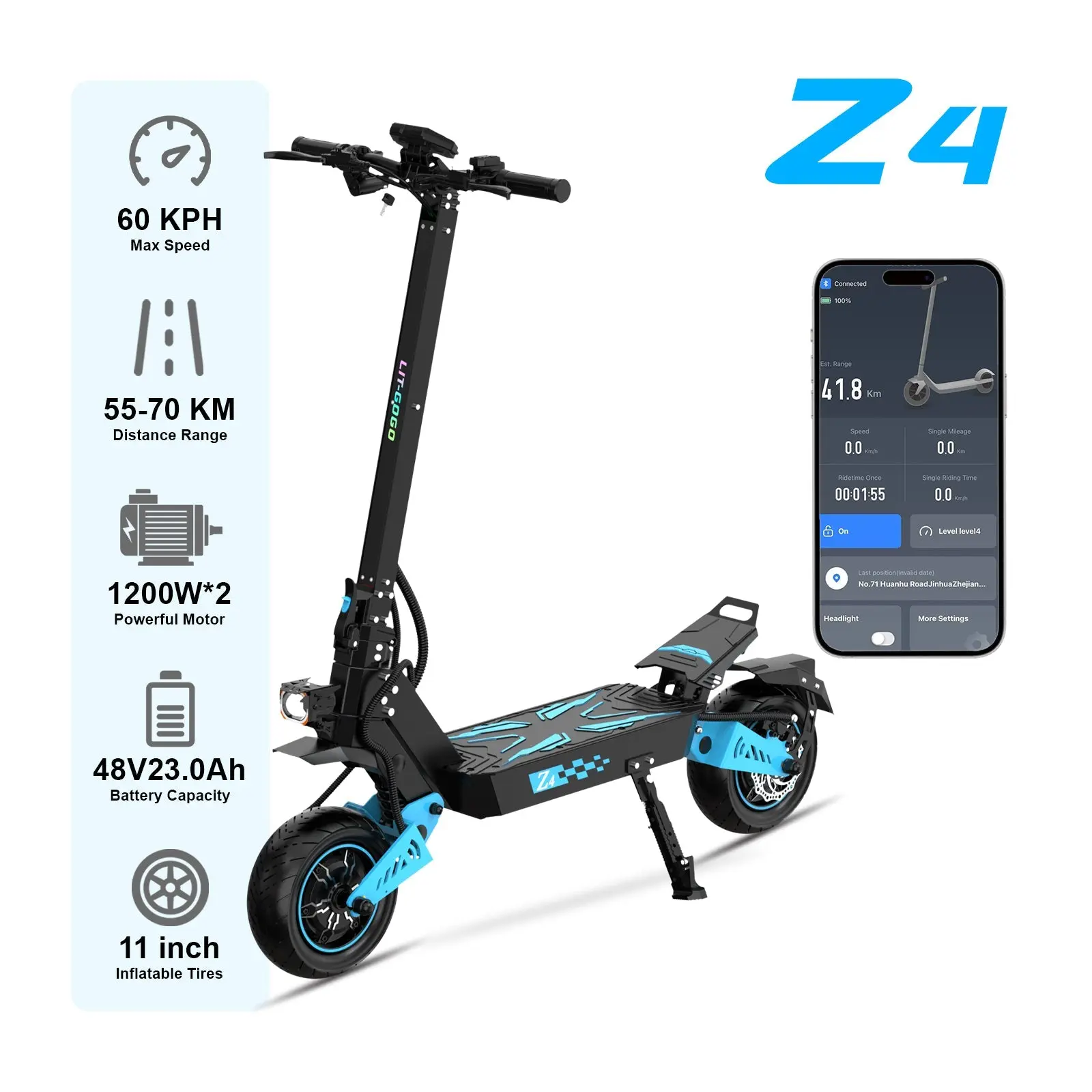 6MSKS Z4 Aluminum Alloy Dual-Motor High Speed Electric Scooter, 48V2400W Power, 70km Range, 60km/h Speed, 11" Road Tires, 22cm Ground Clearance, Foldable, High Speed Scooter
